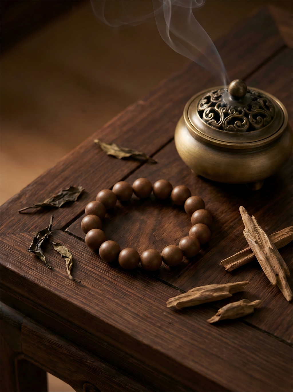 Antique bronze incense burner with smoke and raw herbal ingredients next to brown Osmanthus scent beads on wooden table.