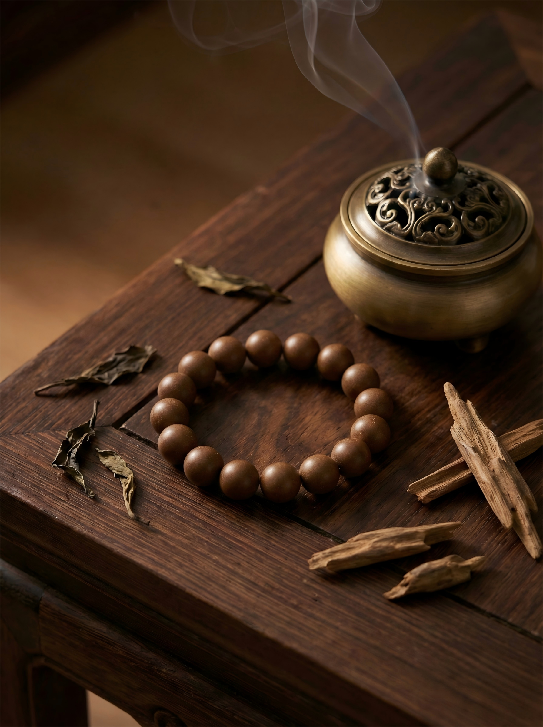 Antique bronze incense burner with smoke and raw herbal ingredients next to brown Osmanthus scent beads on wooden table.