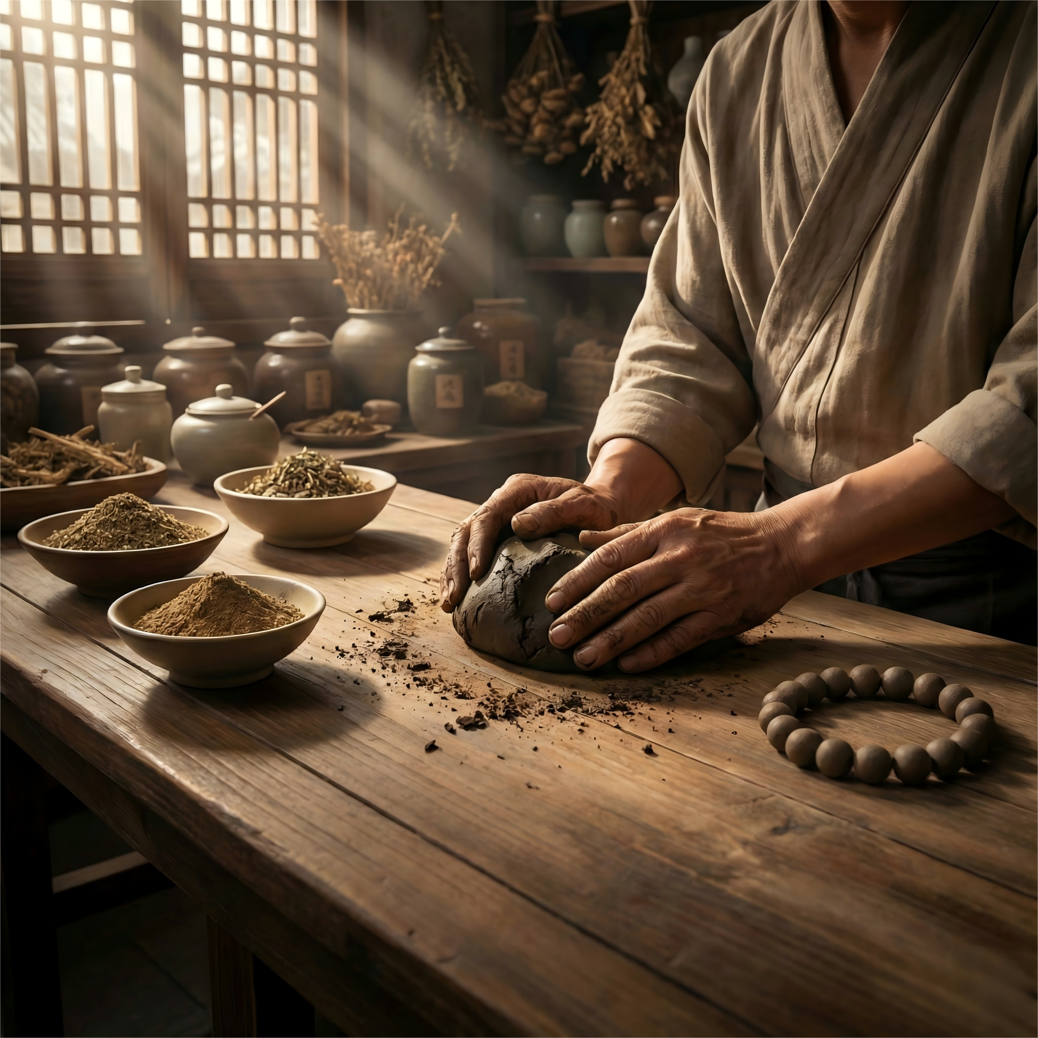 Interior of Hidden Scent artisan atelier featuring antique wooden shelves filled with raw natural herbs and traditional crafting tools.
