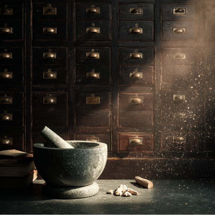 Cinematic shot of an ancient Chinese apothecary featuring a dark wooden medicine cabinet (Bai Zi Gui) and stone mortar. Sunlight illuminates floating herbal dust particles, symbolizing traditional craftsmanship and heritage.