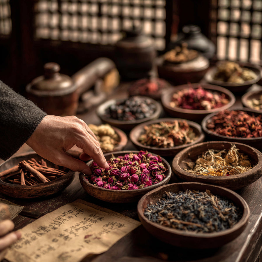 Artisan hand carefully selecting dried rose buds and premium herbs from wooden bowls for handmade incense jewelry next to ancient calligraphy paper.