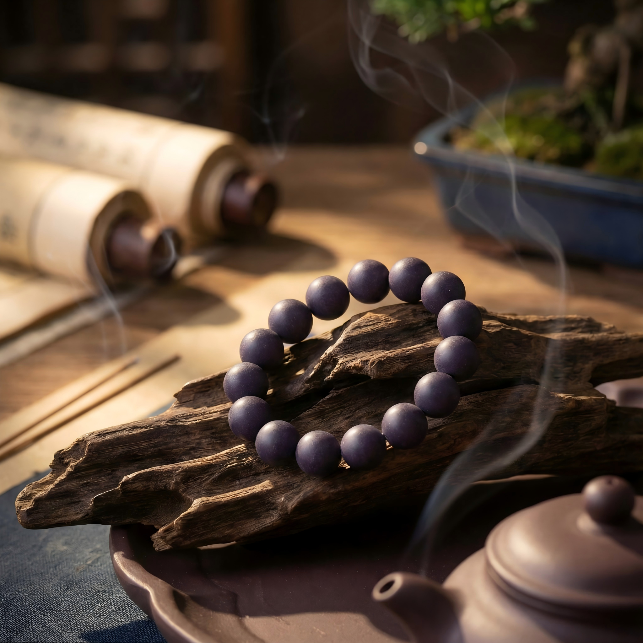 Antique bronze incense burner with smoke and purple Gromwell roots next to dark purple herbal scent beads on wooden table.