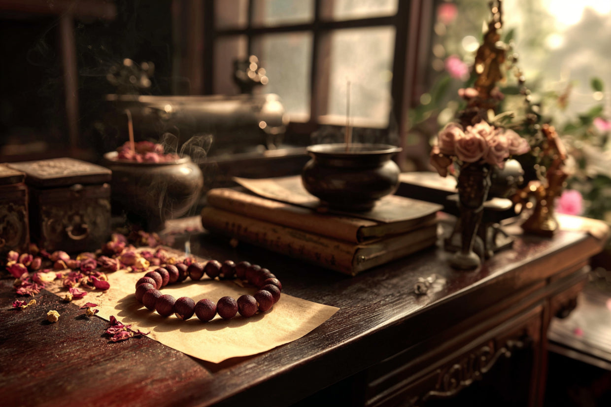 Hidden Scent handmade dark rose herbal beads resting on antique desk with dried rose petals and incense smoke, creating a zen aromatherapy ritual atmosphere.