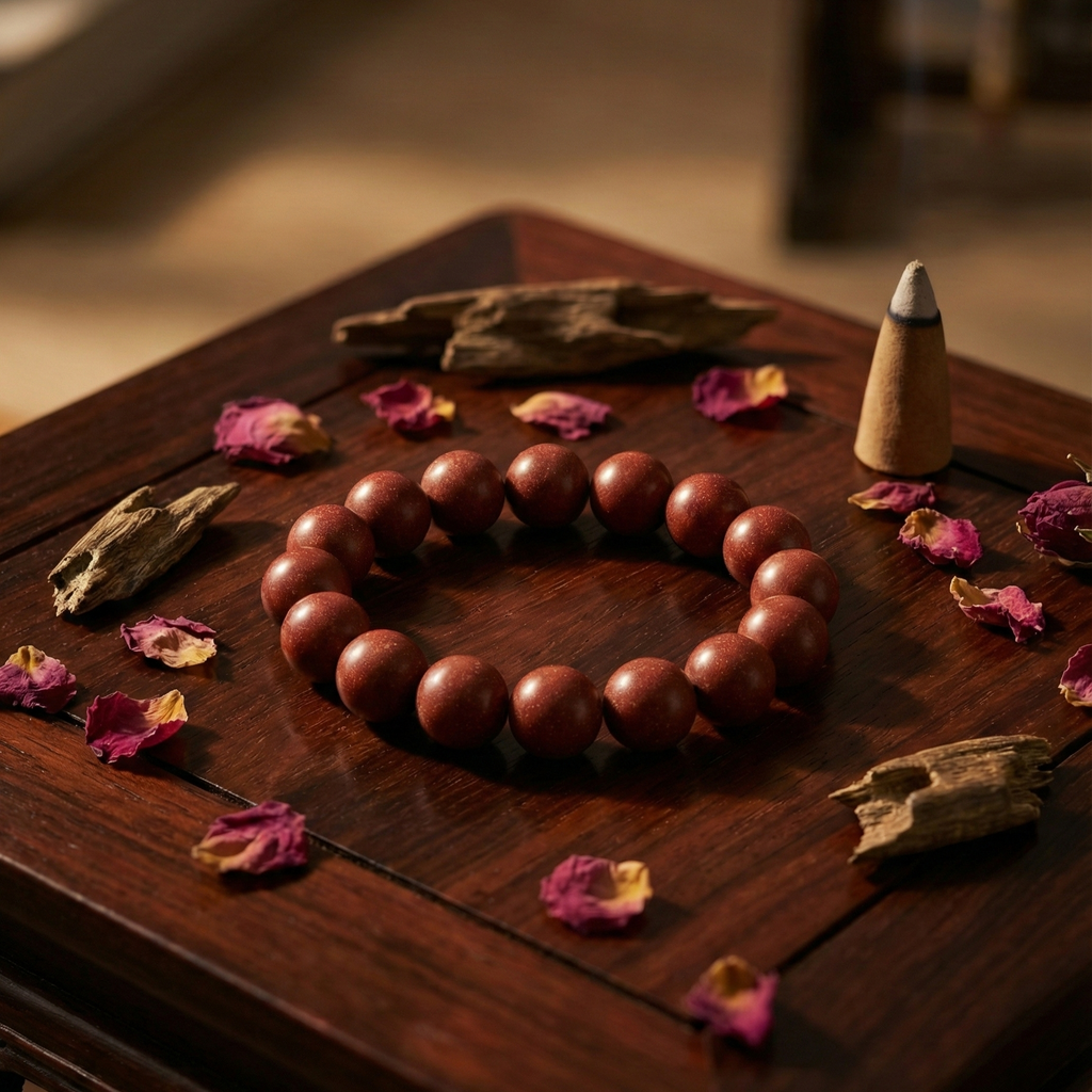 Macro close up of handmade rose herbal clay beads showing natural matte texture without chemical glue.