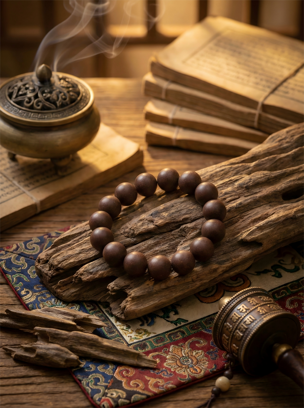 Antique bronze incense burner with smoke and raw Saffron threads next to dark Tibetan scent beads on wooden table.