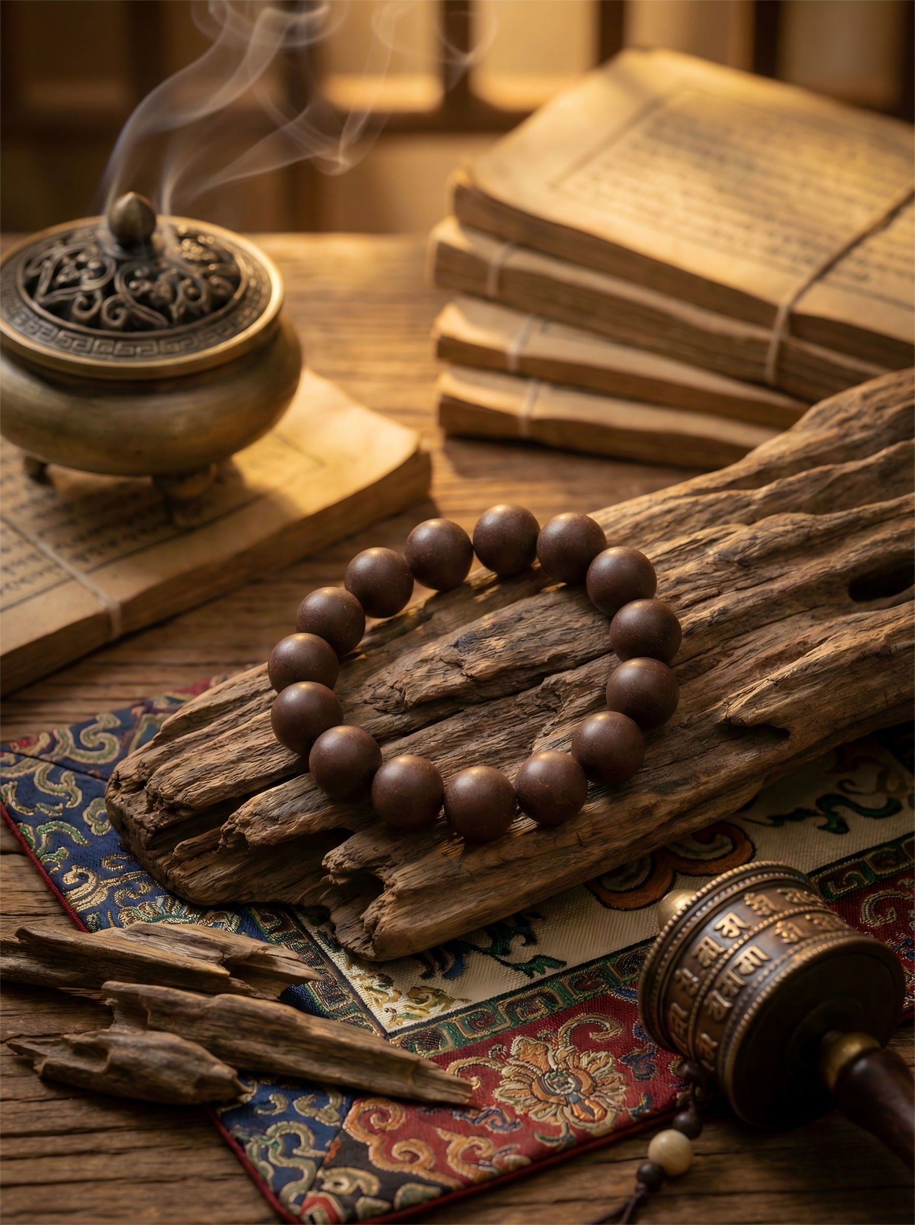 Antique bronze incense burner with smoke and raw Saffron threads next to dark Tibetan scent beads on wooden table.
