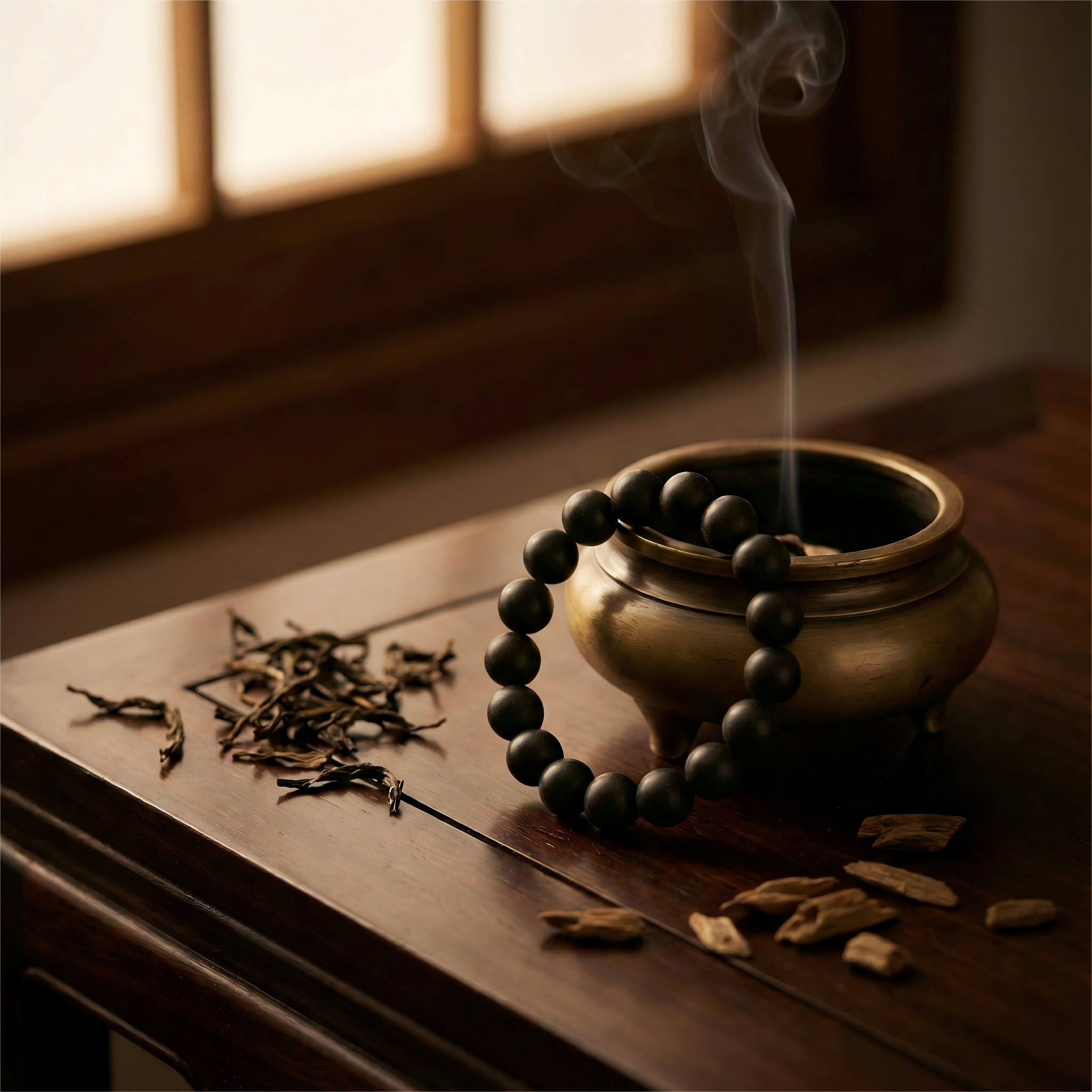 Antique incense burner with smoke and agarwood chips next to black ambergris scent beads on dark wooden table.