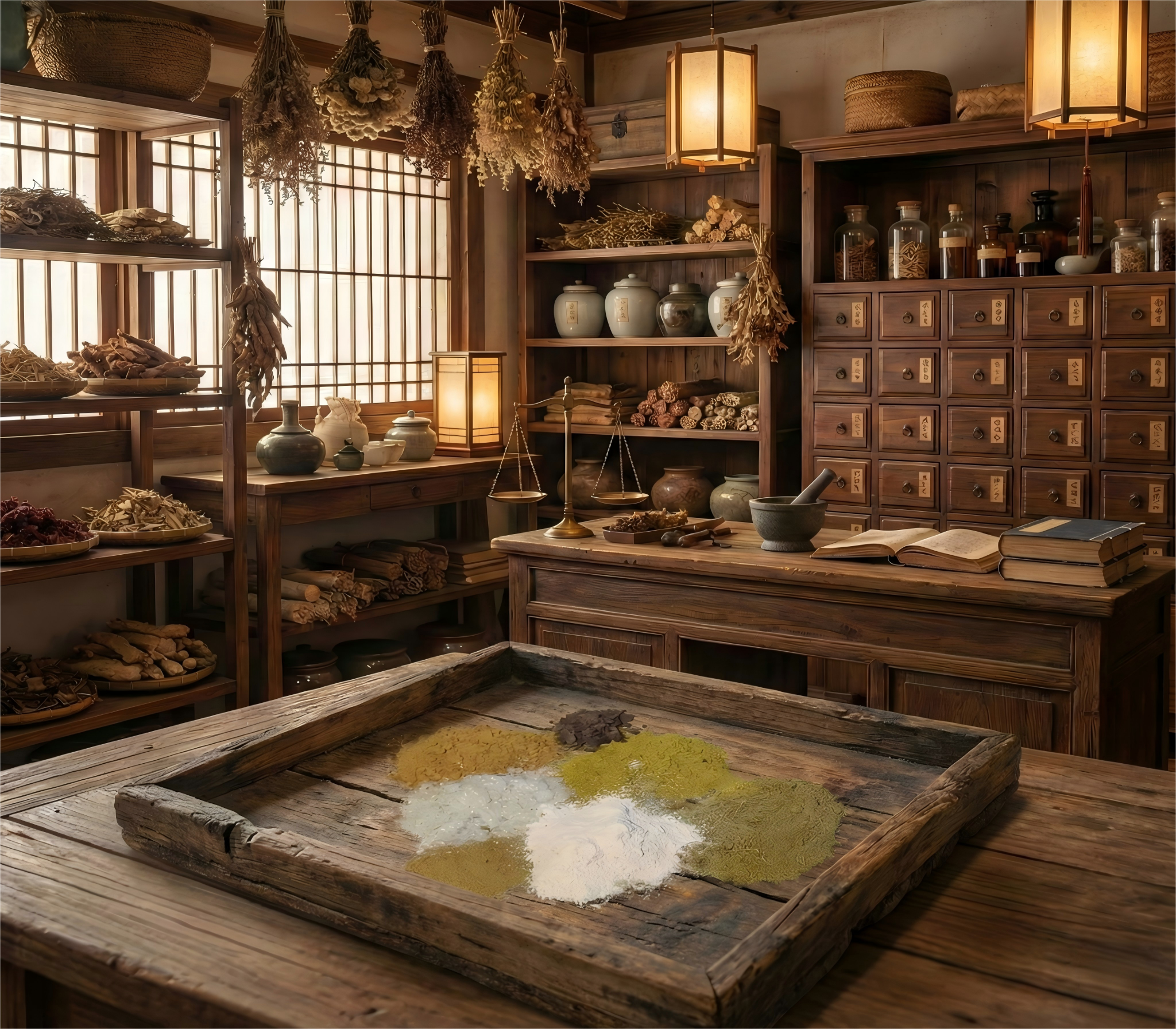 Wooden tray with mounds of various natural herbal powders ready for blending into cold condensation incense, set against an antique medicine cabinet background.