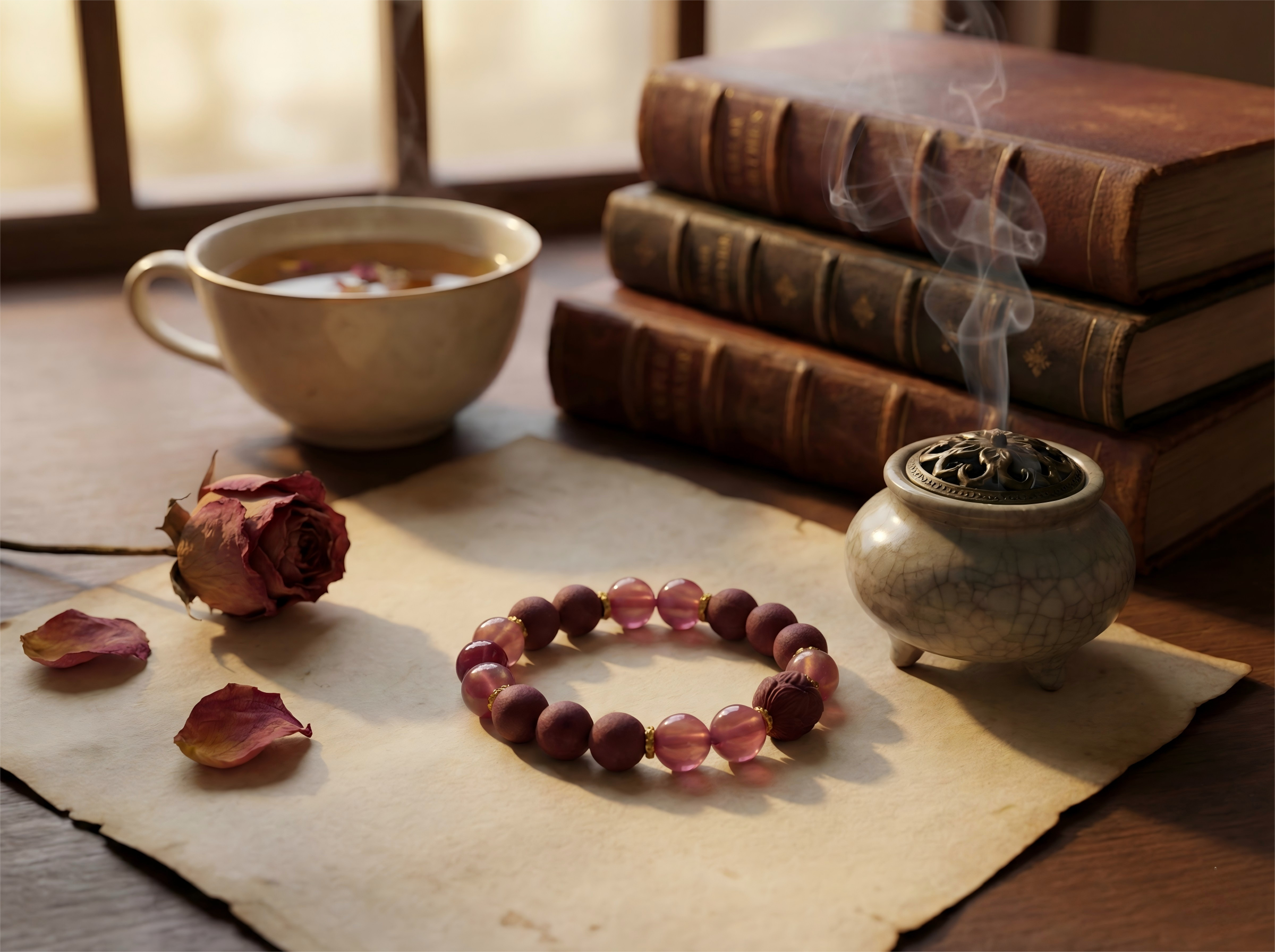 Rose quartz and herbal scent bead bracelet on parchment beside dried rose, incense burner and tea by a window – romantic Oriental calm jewelry scene for Hidden Scent.