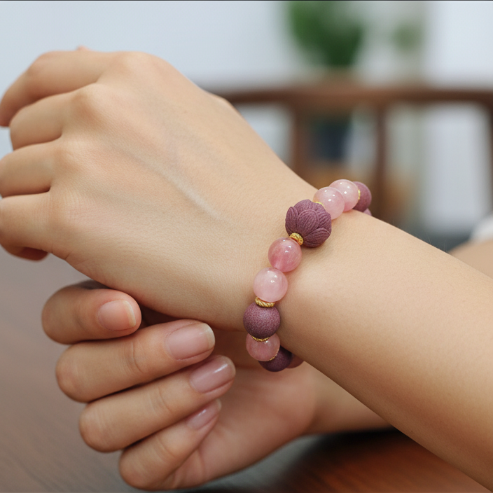 Woman wearing aromatherapy bracelet on wrist for meditation and self love rituals.