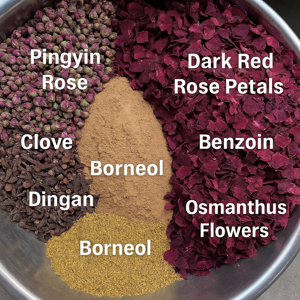 Raw ingredients of Pingyin rose dark ink rose and sandalwood powder for natural incense jewelry.