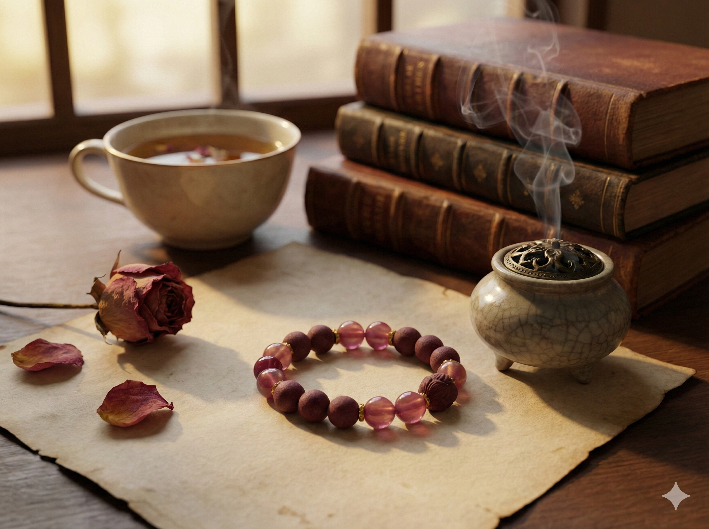 Rose quartz and herbal scent bead bracelet on parchment beside dried rose, incense burner and tea by a window – romantic Oriental calm jewelry scene for Hidden Scent.