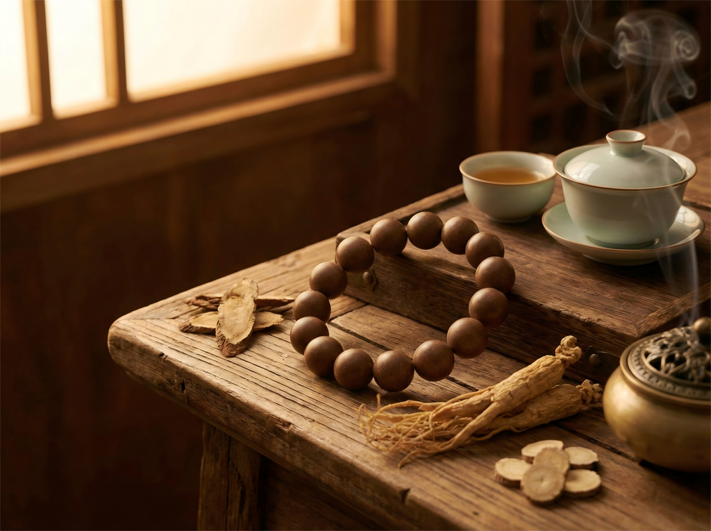 Antique bronze incense burner with smoke and raw Ginseng roots next to brown herbal scent beads on wooden table.