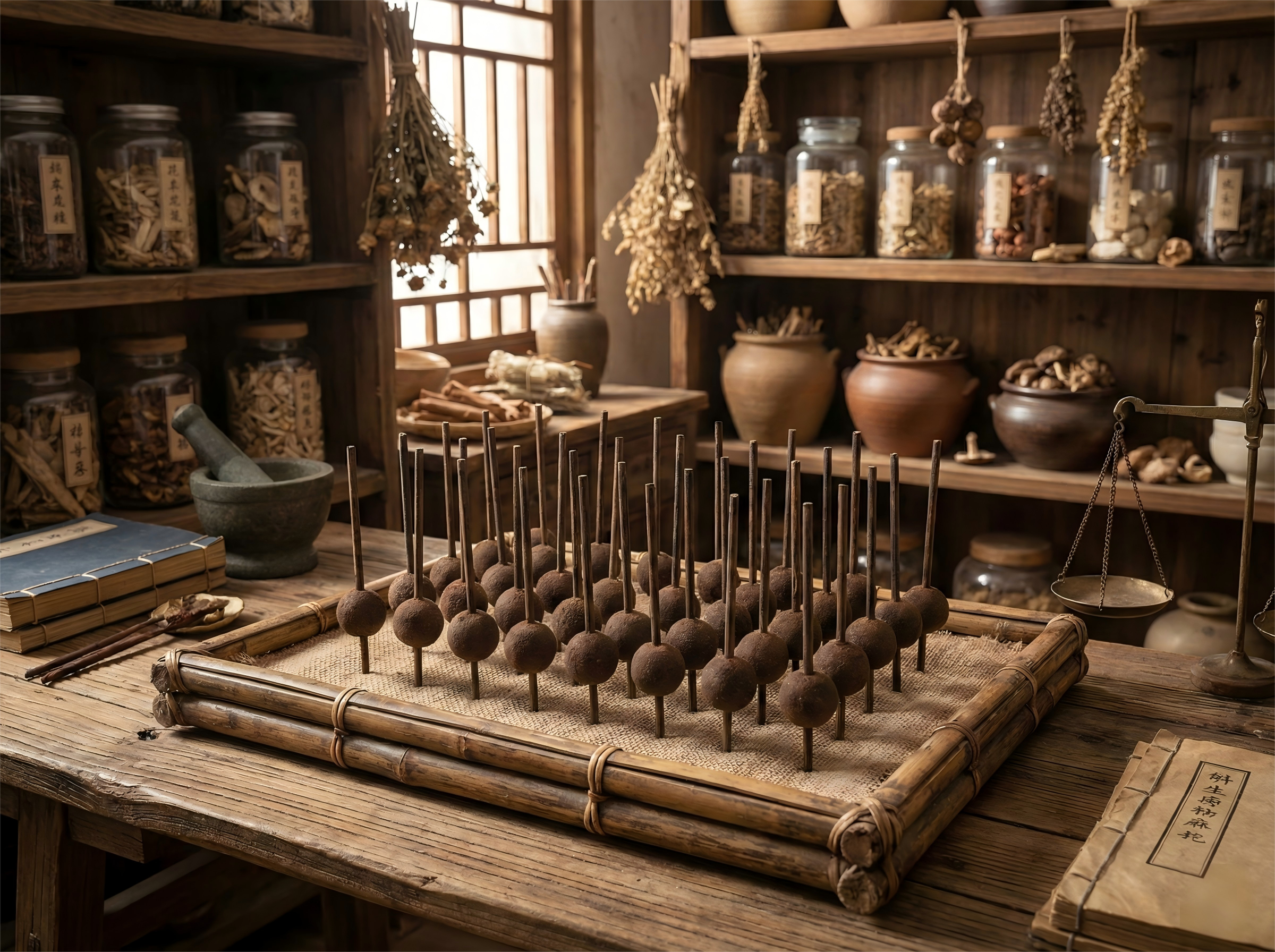 Rows of handmade herbal incense beads undergoing the traditional Yin-drying process on bamboo racks in an ancient apothecary setting.