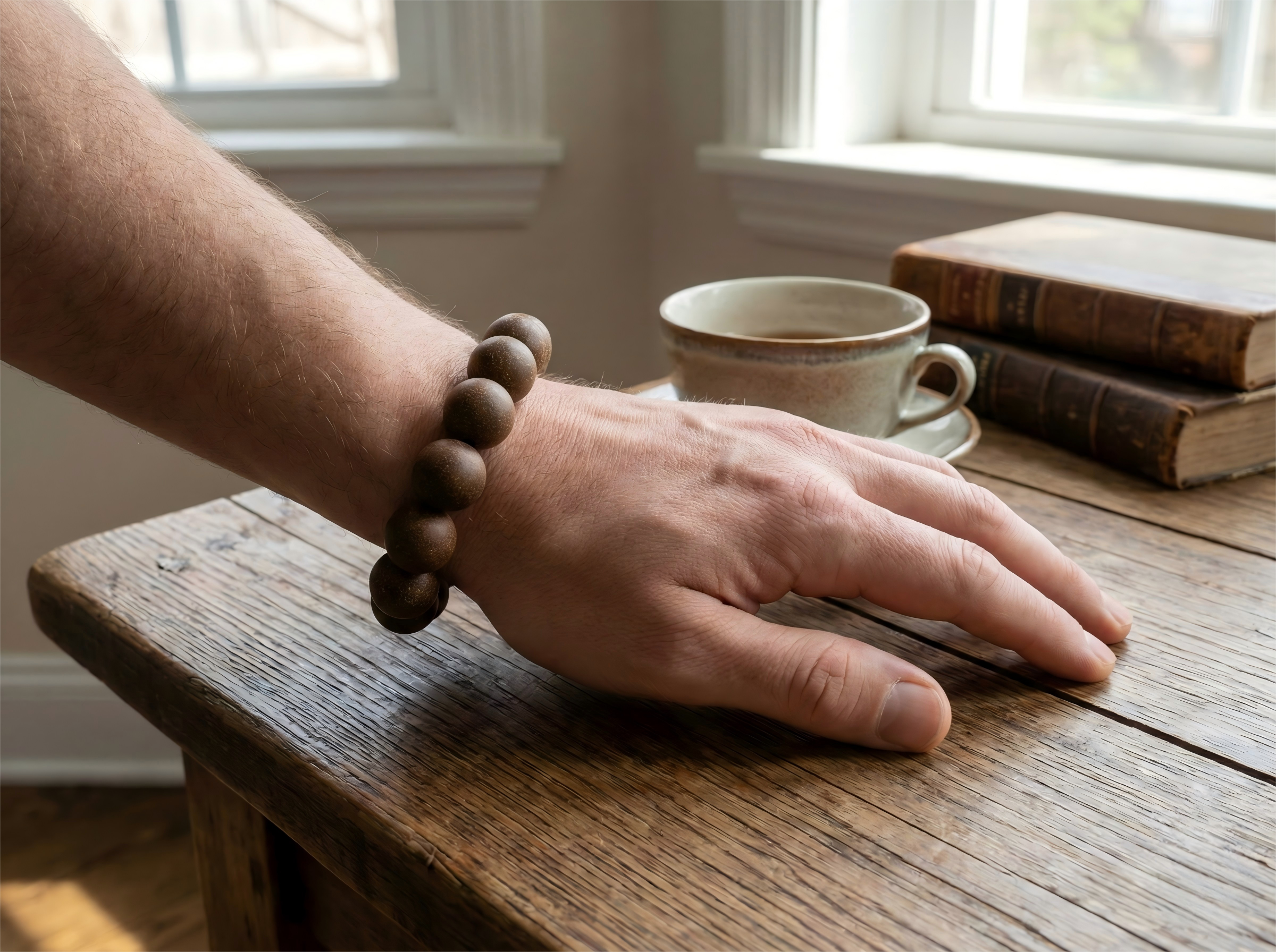 Man wearing Ginseng and cinnamon herbal bracelet on wrist with linen clothing for energy boost and wellness style.