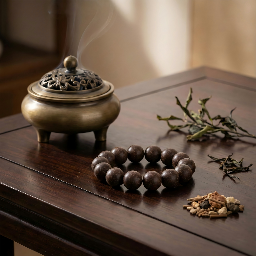 Antique bronze incense burner with smoke and raw herbal ingredients next to dark agarwood scent beads bracelet on wooden table.